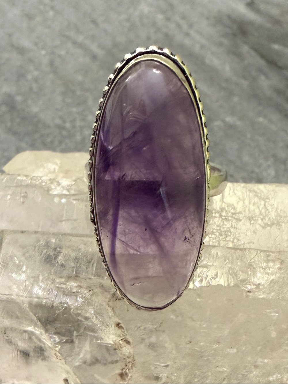 Genuine Amethyst Cabochon Oval Gemstone Statement Silver Ring 9